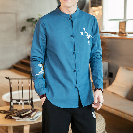 Crane Embroidery Men Cotton Linen Long Sleeve Blouse