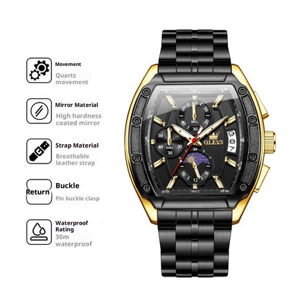 Steel Belt Tonneau Quartz Luminous Men's Watch