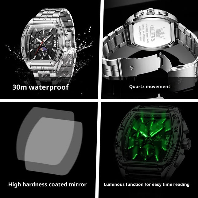 Steel Belt Tonneau Quartz Luminous Men's Watch