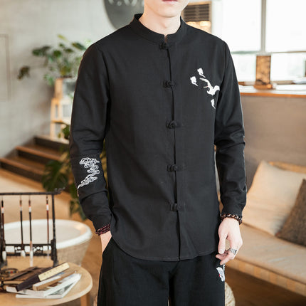 Crane Embroidery Men Cotton Linen Long Sleeve Blouse