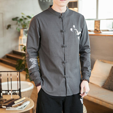 Crane Embroidery Men Cotton Linen Long Sleeve Blouse
