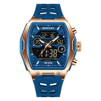 Digital alarm watch with sporty barrel-shaped design